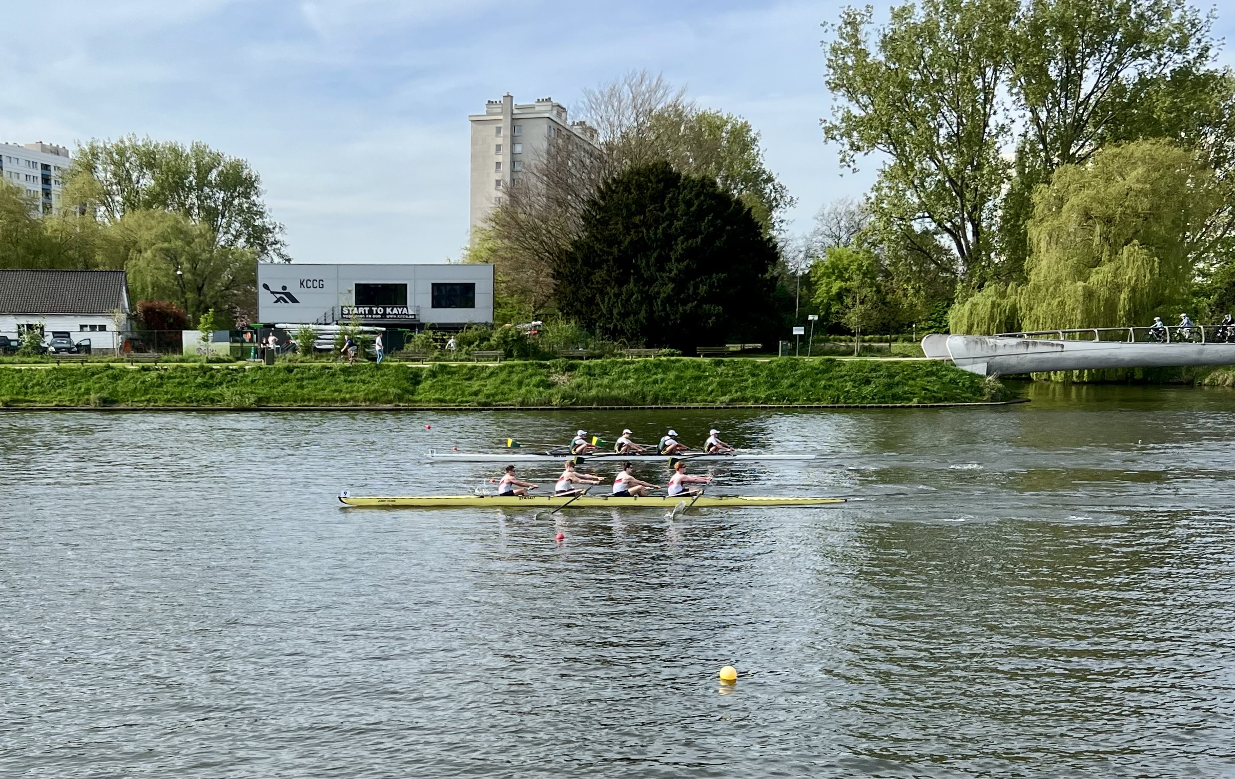  College Boat Club students rowing in canals of  Ghent, Belgium for their annual Easter training camp and Ghent International Spring Regatta.